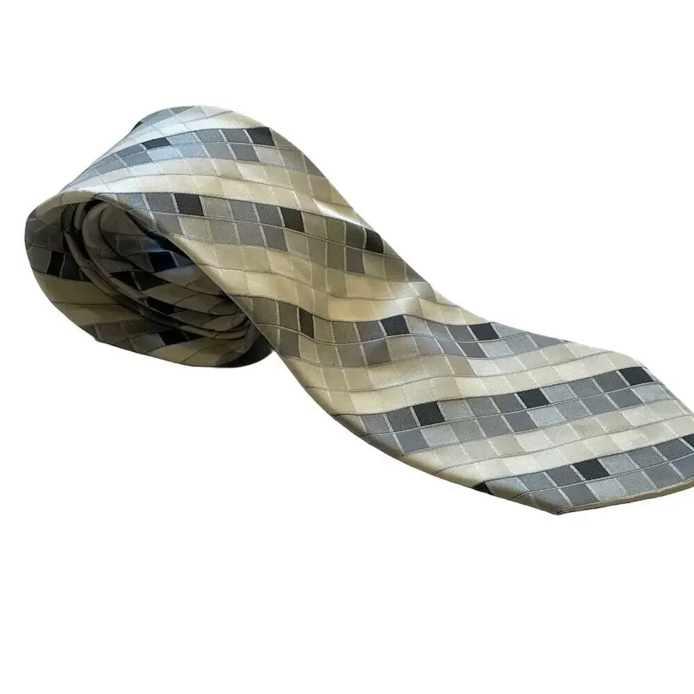 Murano Italy Gray, Ivory, Geometric Print Silk Tie, Y2K, 59.5 by 3.5